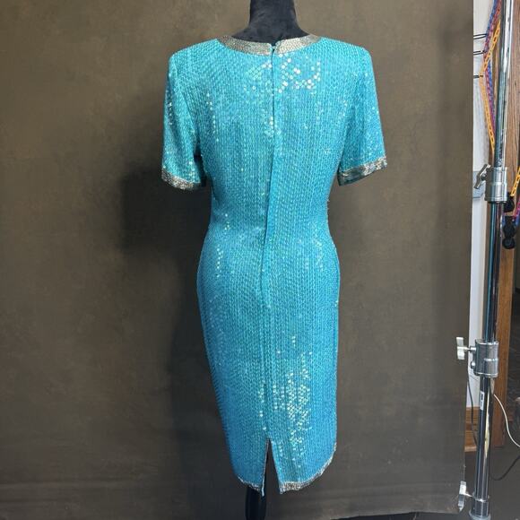 STENAY Vintage 80's VTG Teal Blue 100% Silk Sequin Beaded Cocktail Party Dress 6 - Picture 3 of 13